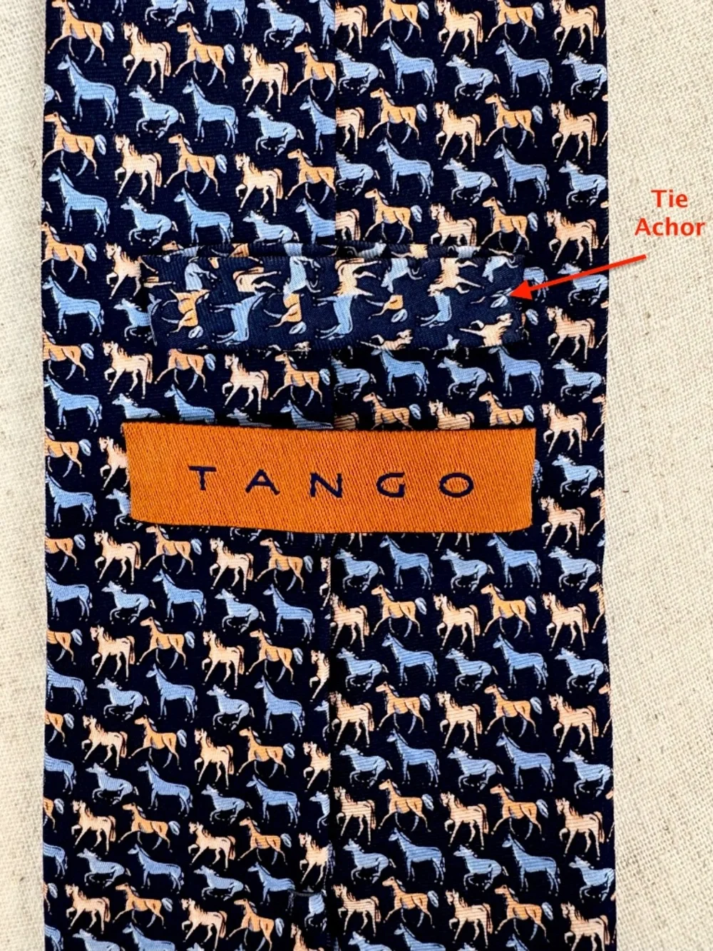 Vintage Men's 100% Silk Tie, Horses Prancing & Sitting, by Tango, Navy Blue, 60
